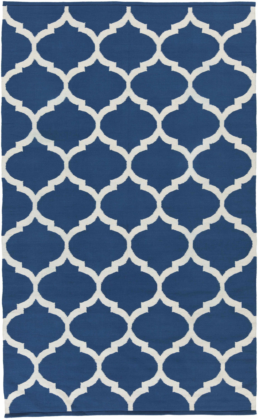 Blue hand-woven area rug with repeating quatrefoil lattice in white