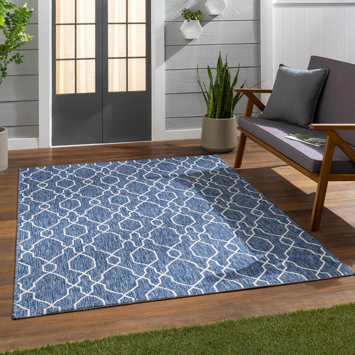 Aldford Denim Modern Geometrical Blue And Cream Machine Woven Outdoor Carpet - The Rug Decor