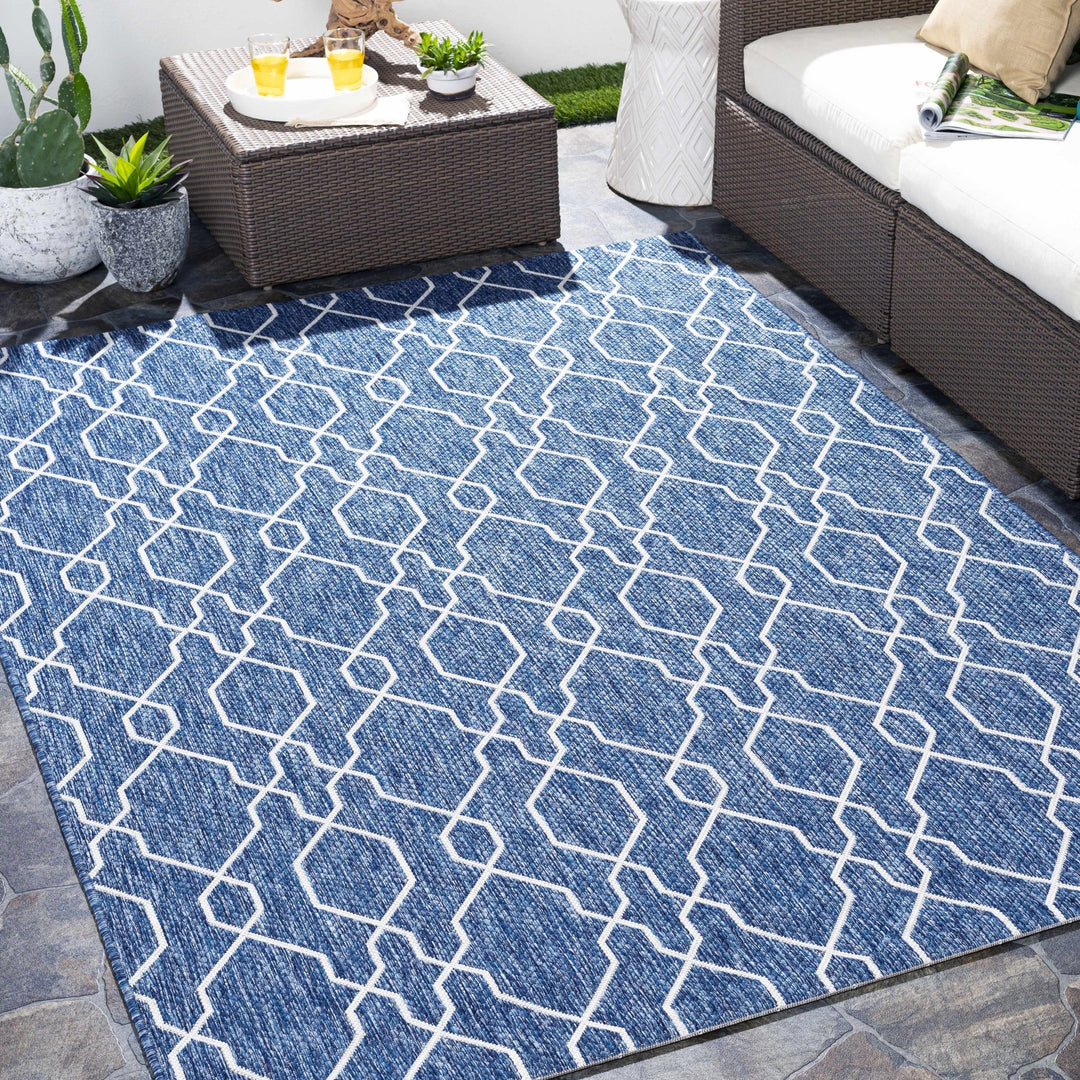 Aldford Denim Modern Geometrical Blue And Cream Machine Woven Outdoor Carpet - The Rug Decor