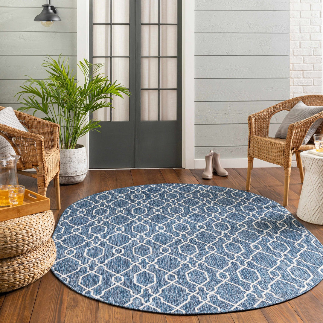 Aldford Denim Modern Geometrical Blue And Cream Machine Woven Outdoor Carpet - The Rug Decor