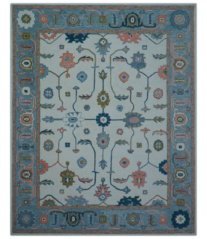 Allure Custom Made Ivory And Blue Traditional Oushak Hand Tufted Wool Rug - The Rug Decor