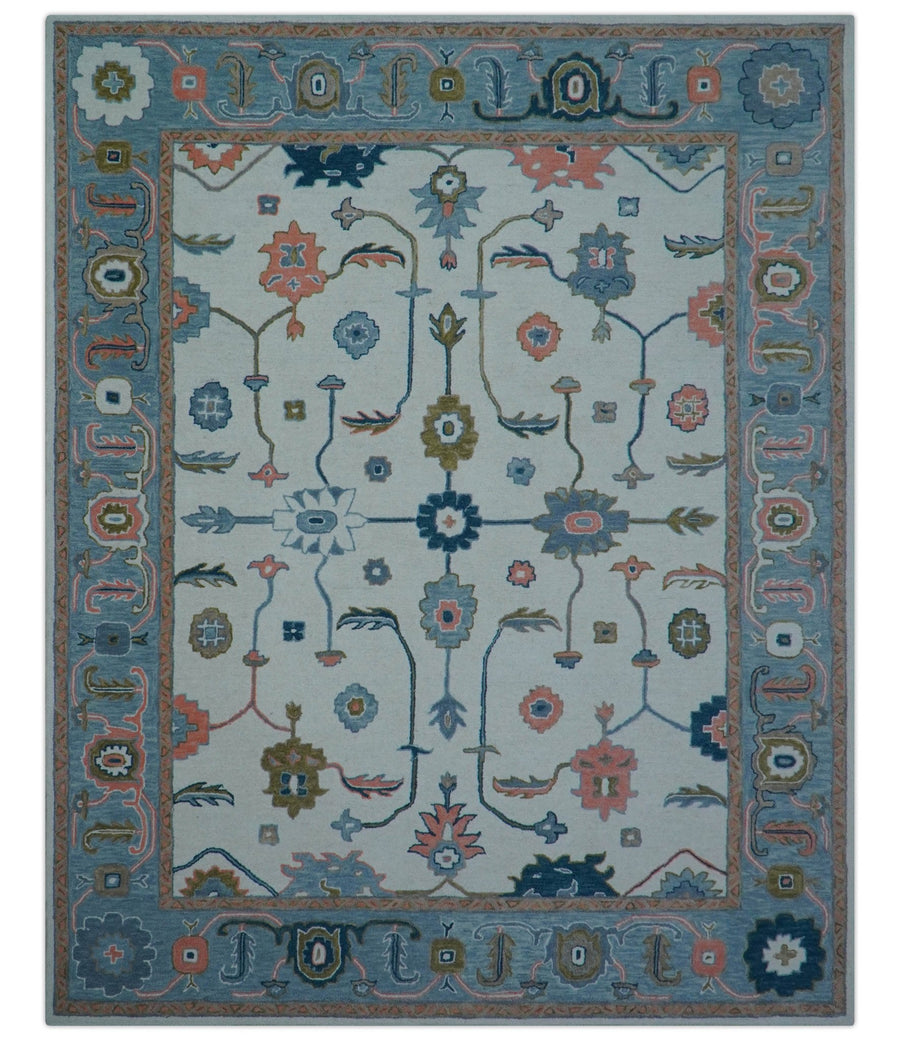 Allure Custom Made Ivory And Blue Traditional Oushak Hand Tufted Wool Rug - The Rug Decor