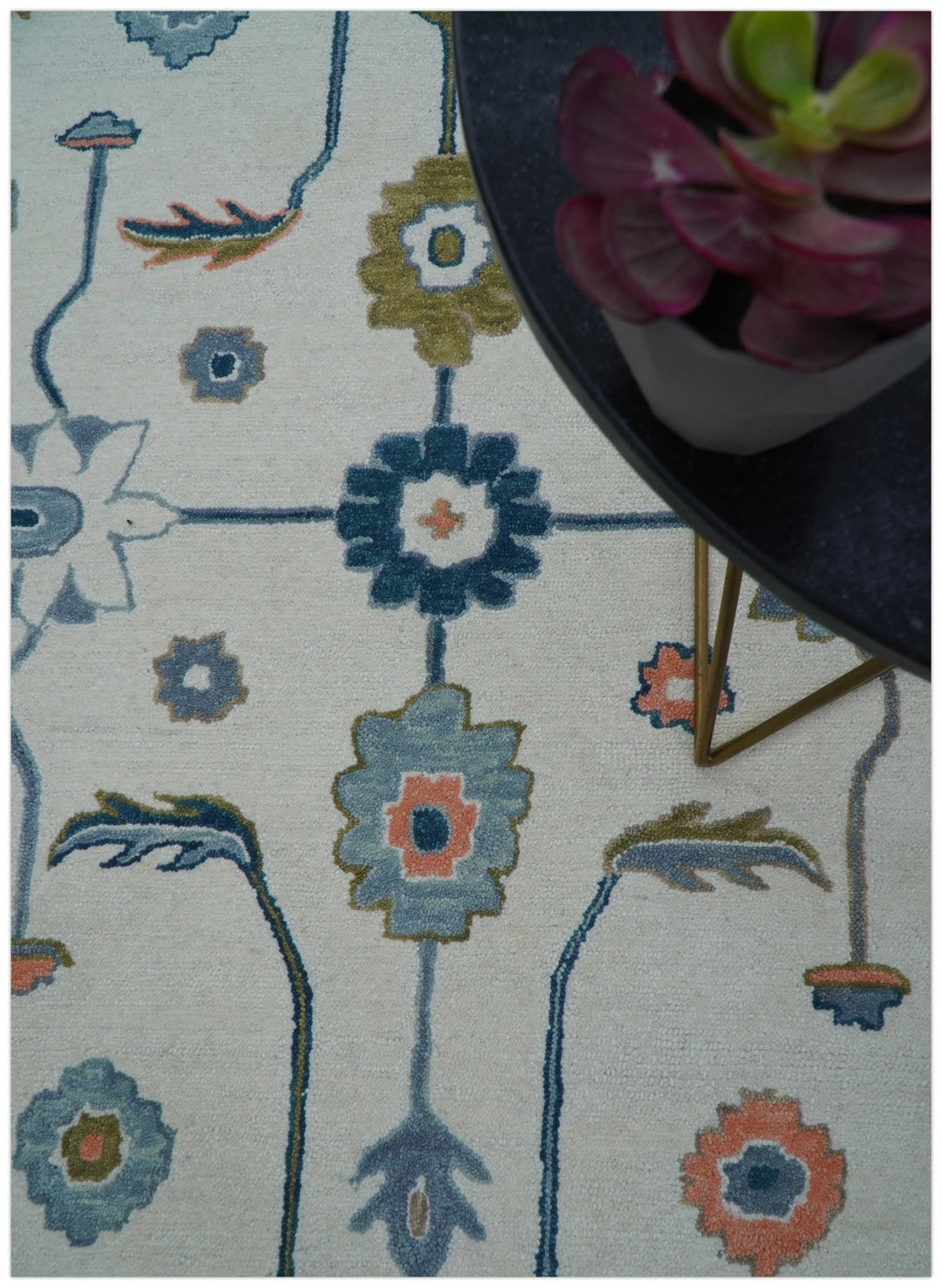 Allure Custom Made Ivory And Blue Traditional Oushak Hand Tufted Wool Rug - The Rug Decor