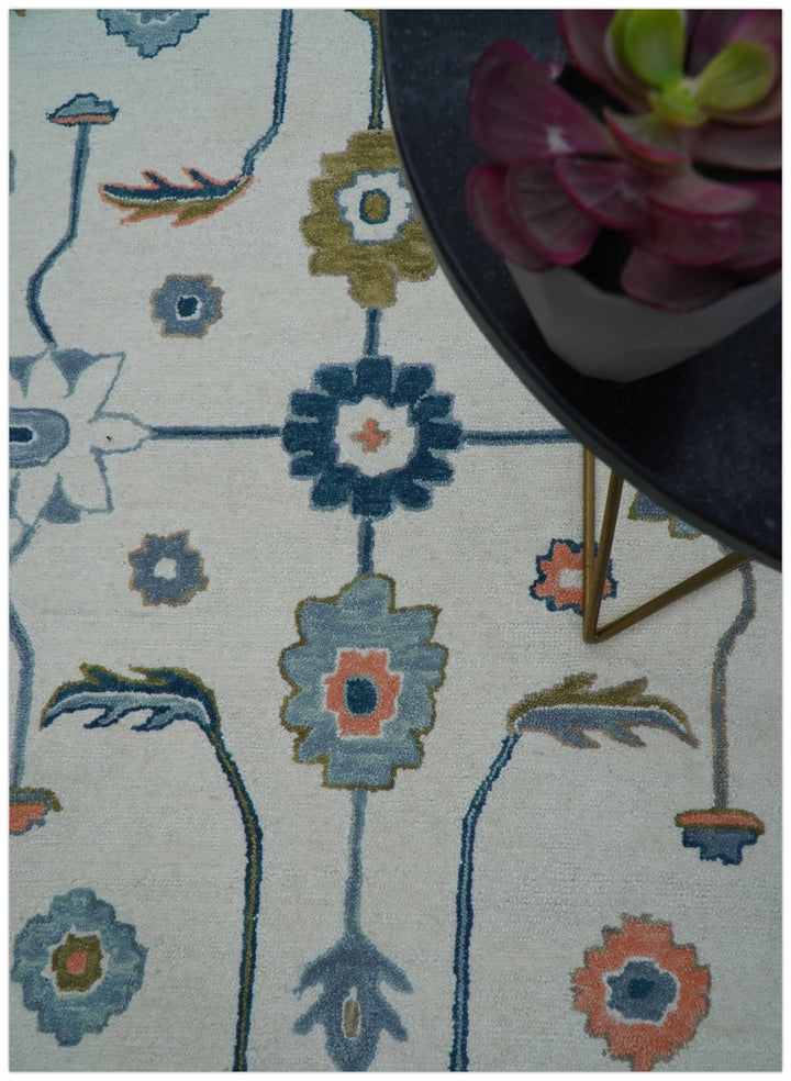 Allure Custom Made Ivory And Blue Traditional Oushak Hand Tufted Wool Rug - The Rug Decor