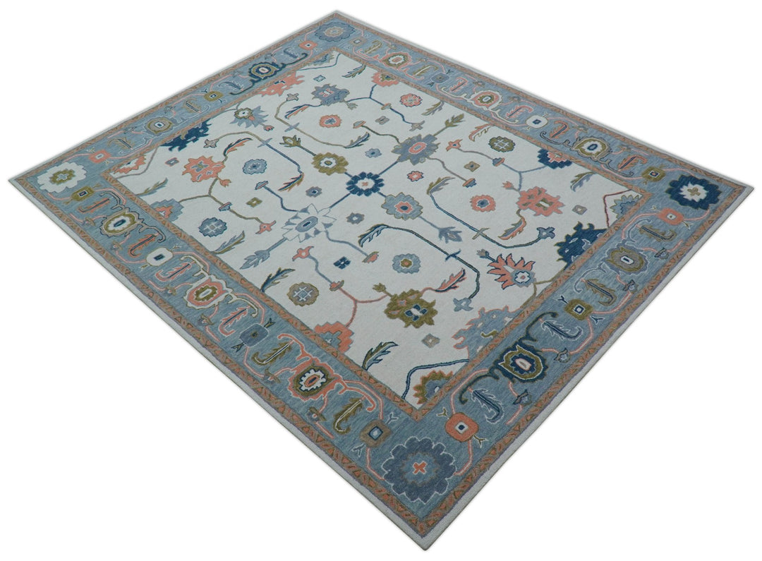 Allure Custom Made Ivory And Blue Traditional Oushak Hand Tufted Wool Rug - The Rug Decor