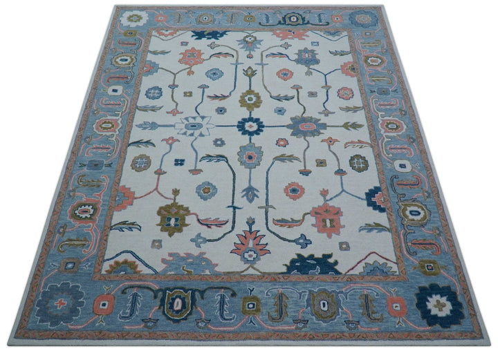 Allure Custom Made Ivory And Blue Traditional Oushak Hand Tufted Wool Rug - The Rug Decor