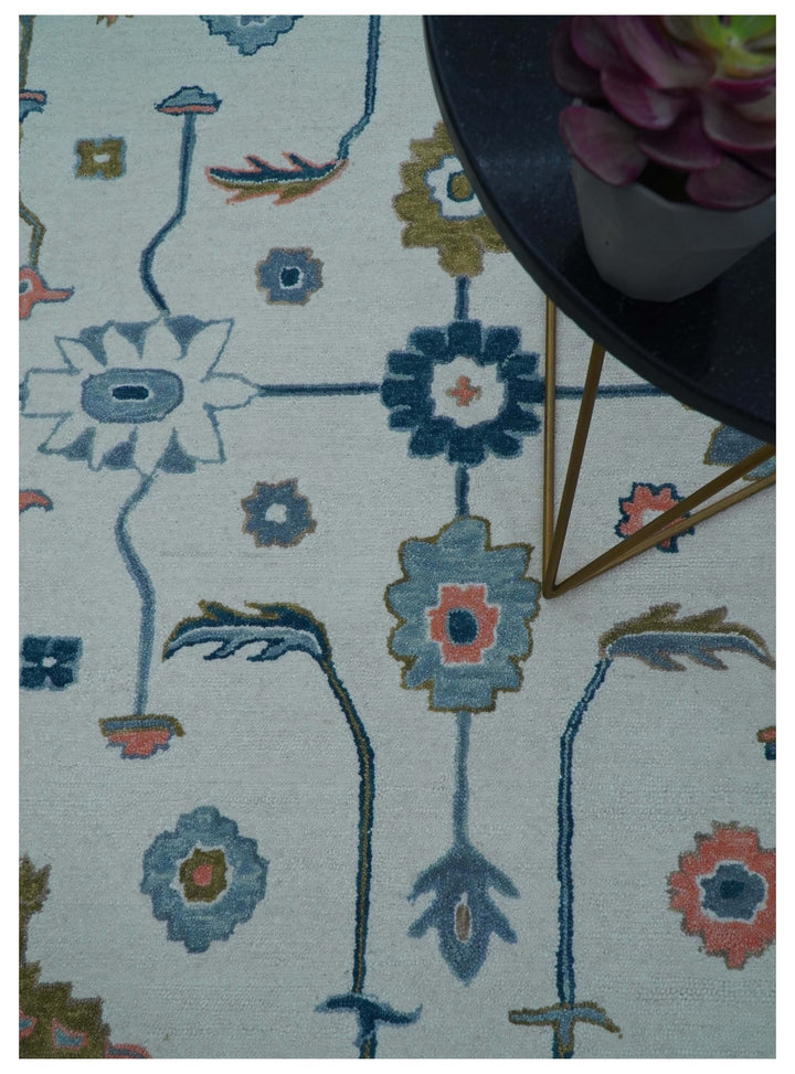 Allure Custom Made Ivory And Blue Traditional Oushak Hand Tufted Wool Rug - The Rug Decor