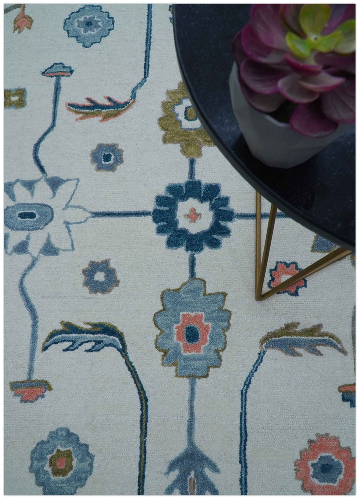 Allure Custom Made Ivory And Blue Traditional Oushak Hand Tufted Wool Rug - The Rug Decor