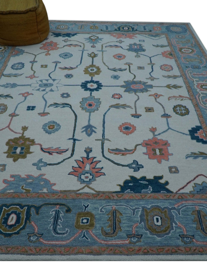 Allure Custom Made Ivory And Blue Traditional Oushak Hand Tufted Wool Rug - The Rug Decor