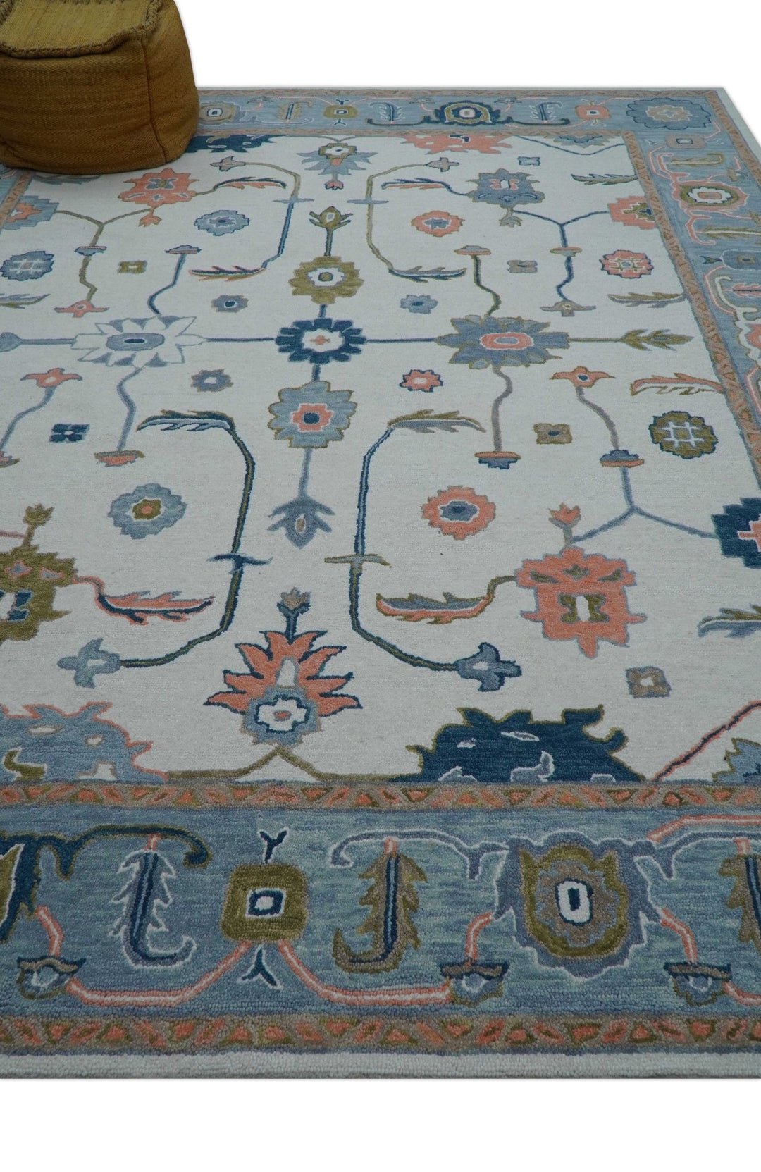Allure Custom Made Ivory And Blue Traditional Oushak Hand Tufted Wool Rug - The Rug Decor