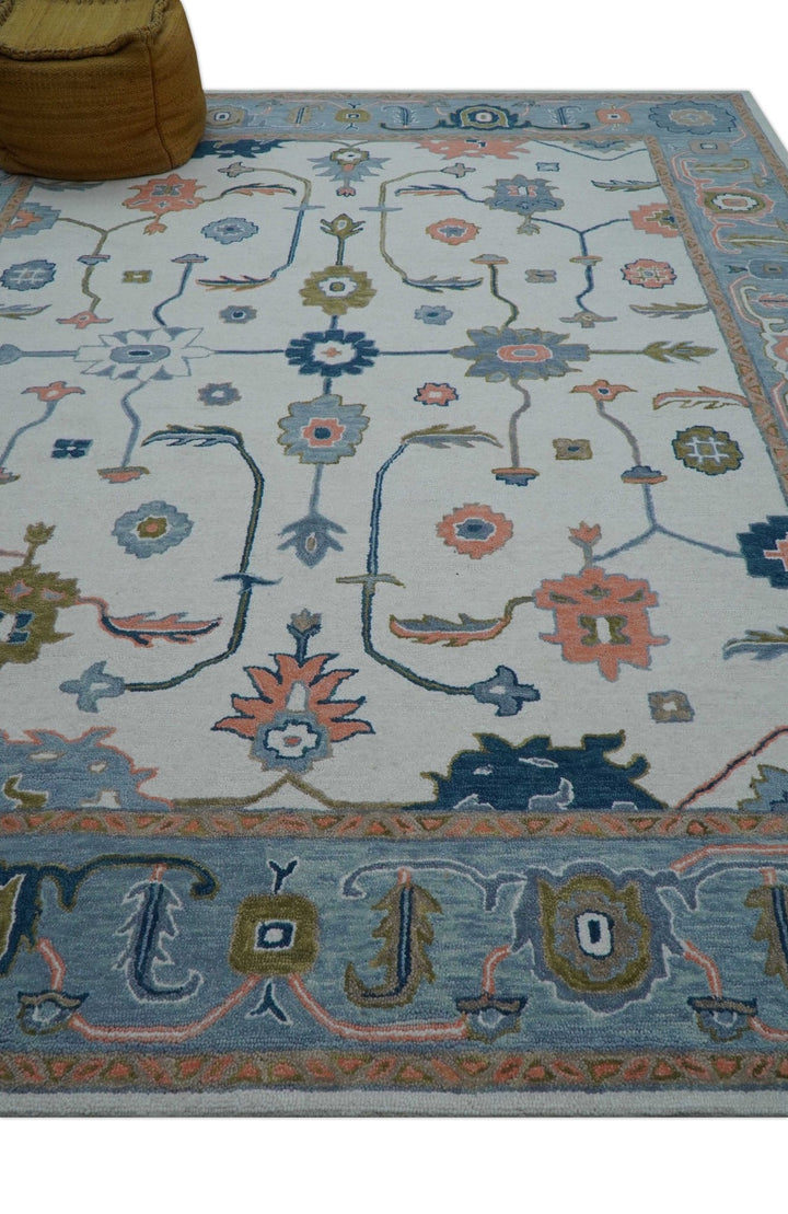 Allure Custom Made Ivory And Blue Traditional Oushak Hand Tufted Wool Rug - The Rug Decor