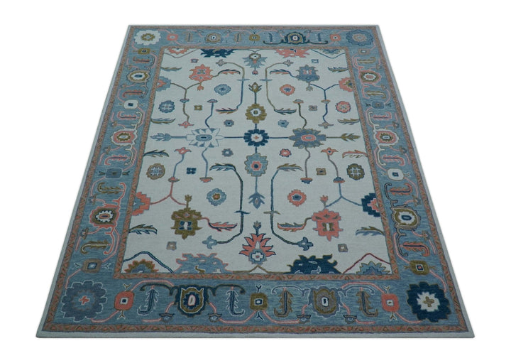 Allure Custom Made Ivory And Blue Traditional Oushak Hand Tufted Wool Rug - The Rug Decor