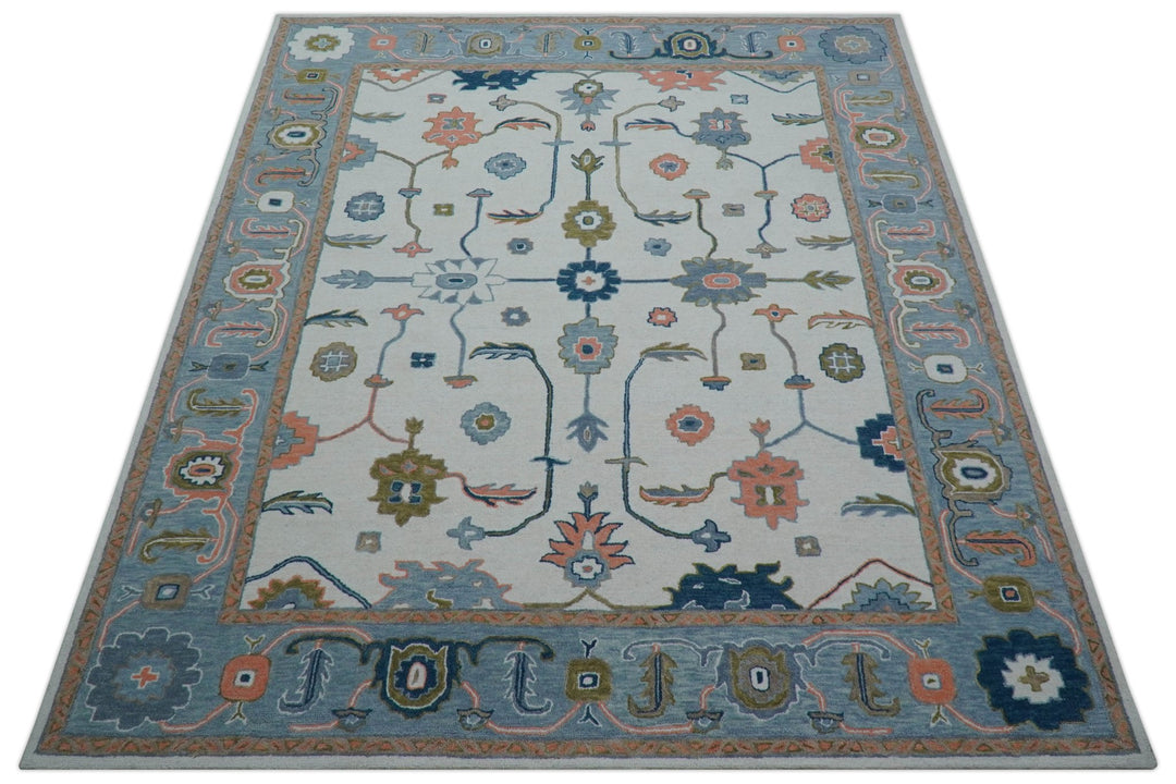 Allure Custom Made Ivory And Blue Traditional Oushak Hand Tufted Wool Rug - The Rug Decor
