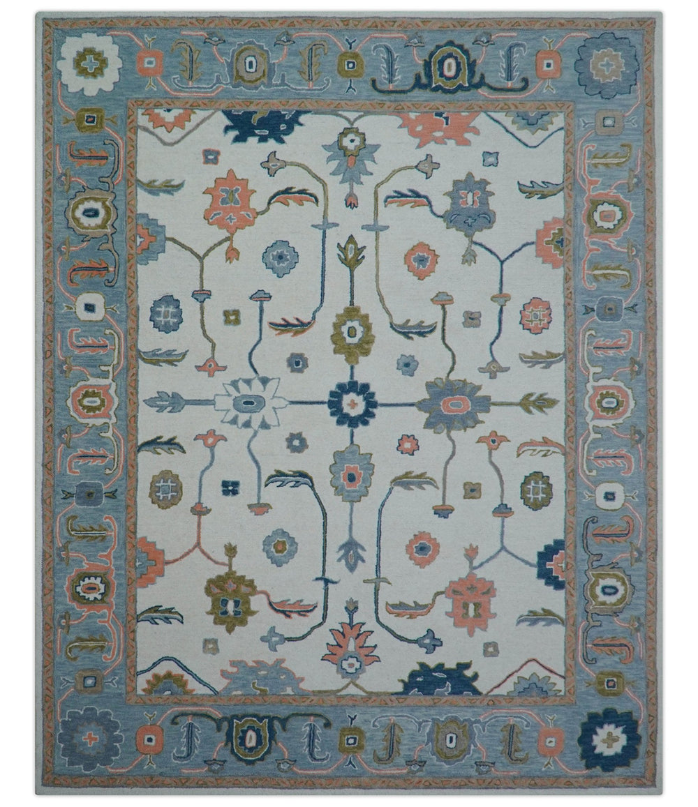 Allure Custom Made Ivory And Blue Traditional Oushak Hand Tufted Wool Rug - The Rug Decor