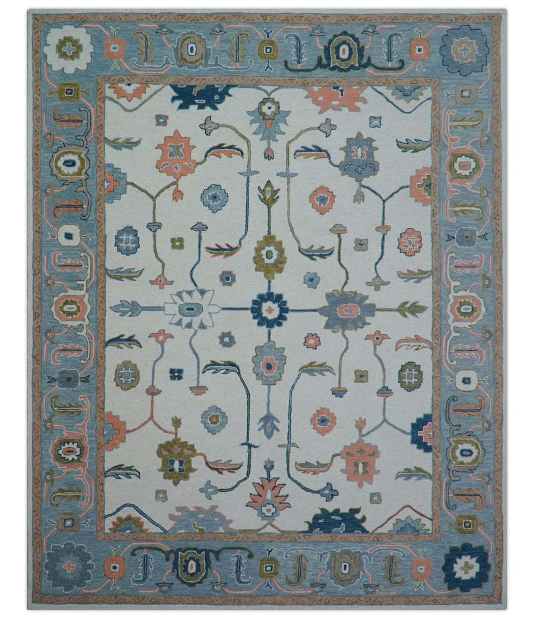 Allure Custom Made Ivory And Blue Traditional Oushak Hand Tufted Wool Rug - The Rug Decor