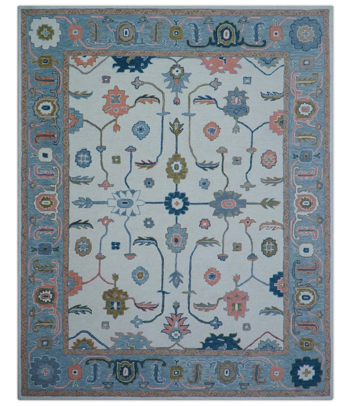 Allure Custom Made Ivory And Blue Traditional Oushak Hand Tufted Wool Rug - The Rug Decor
