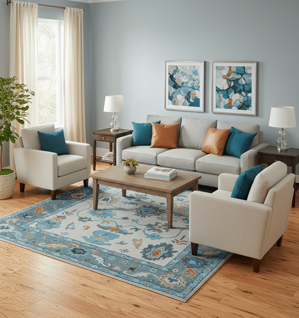Allure Custom Made Traditional Design Peach And Blue Hand Tufted Wool Rug - The Rug Decor