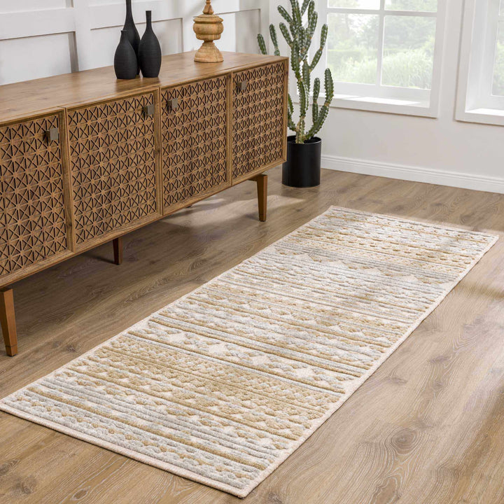 Alvan 3D Modern Stripe Pattern Tan And Off White Washable Rug - The Rug Decor