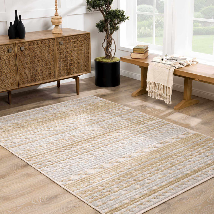 Alvan 3D Modern Stripe Pattern Tan And Off White Washable Rug - The Rug Decor