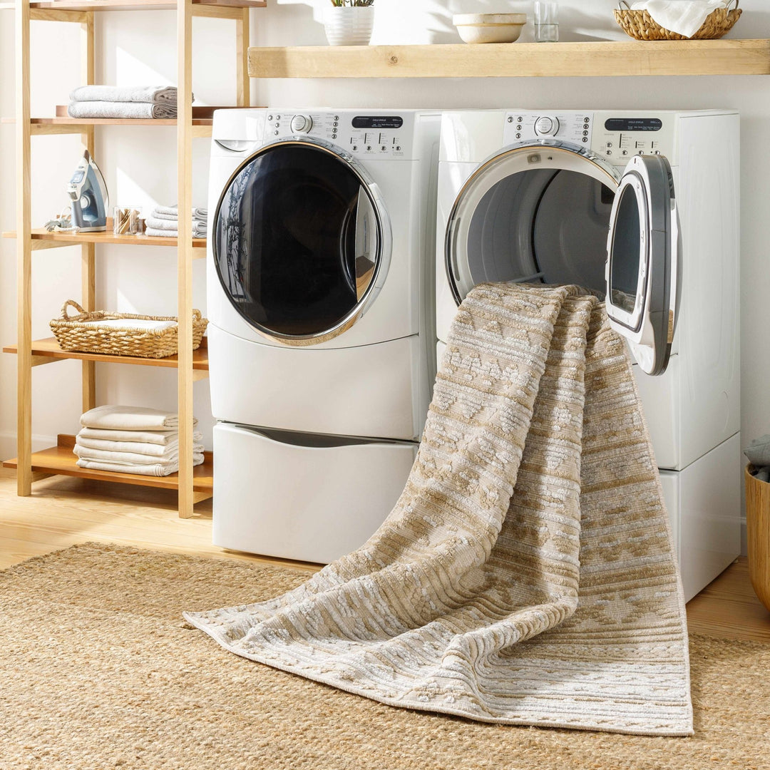Alvan 3D Modern Stripe Pattern Tan And Off White Washable Rug - The Rug Decor