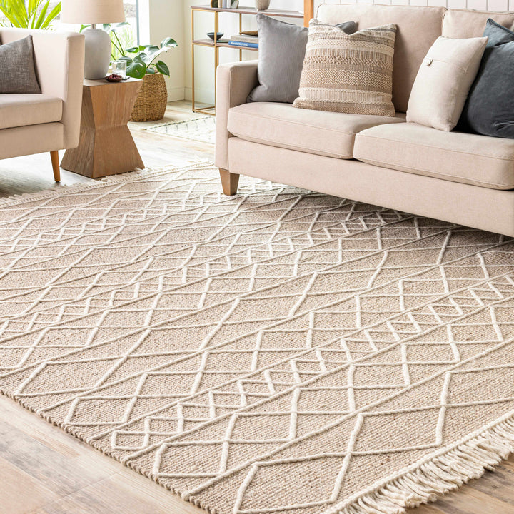 Ambulong Beige And Ivory Modern Geometrical Design Hand Woven Area Rug