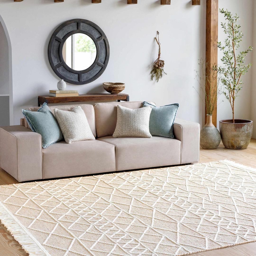 Ambulong Beige And Ivory Modern Geometrical Design Hand Woven Area Rug