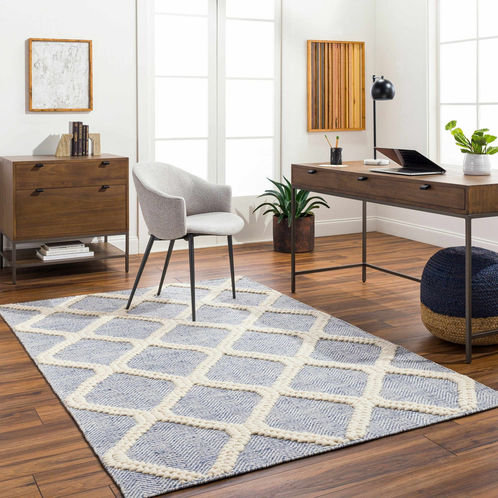 Andra Geometrical Blue And Ivory Hand Woven Wool Rug - The Rug Decor