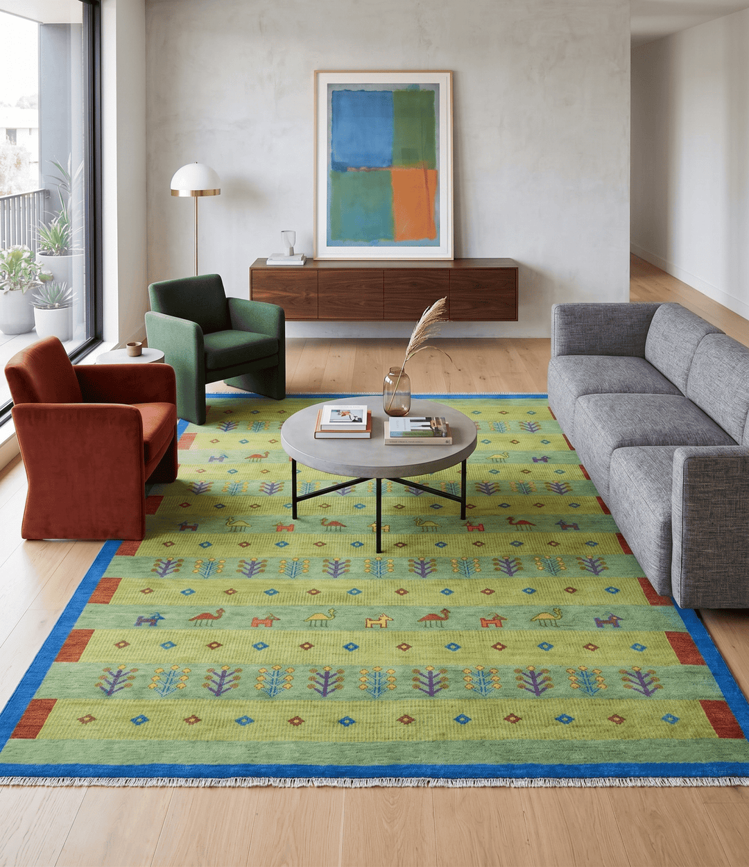 Animal and Tree Life Green, Blue and Rust Hand knotted Traditional 8x10 Wool Area Rug - The Rug Decor