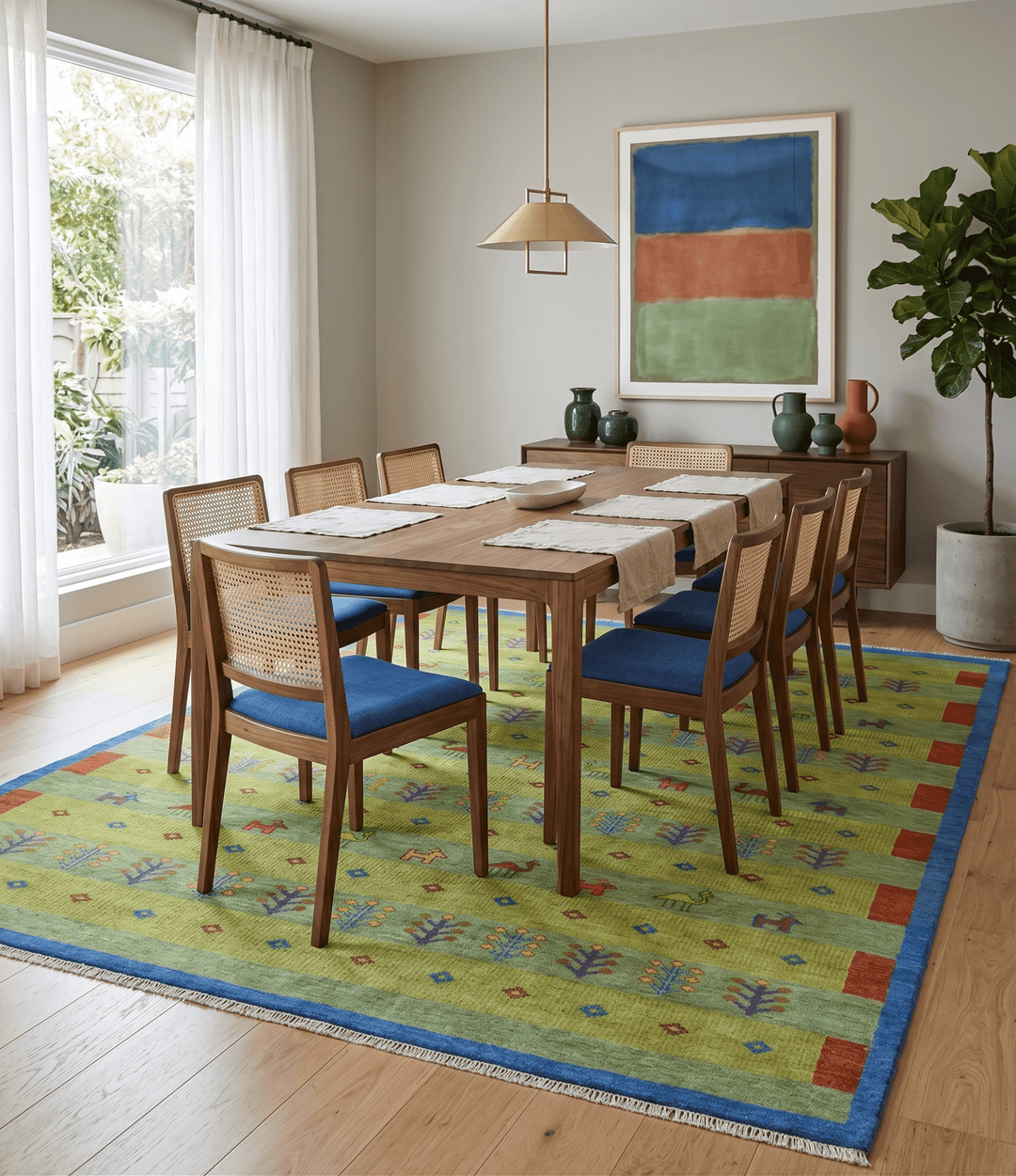 Animal and Tree Life Green, Blue and Rust Hand knotted Traditional Multi Size Wool Area Rug, Kids, Living Room and Bedroom Rug - The Rug Decor