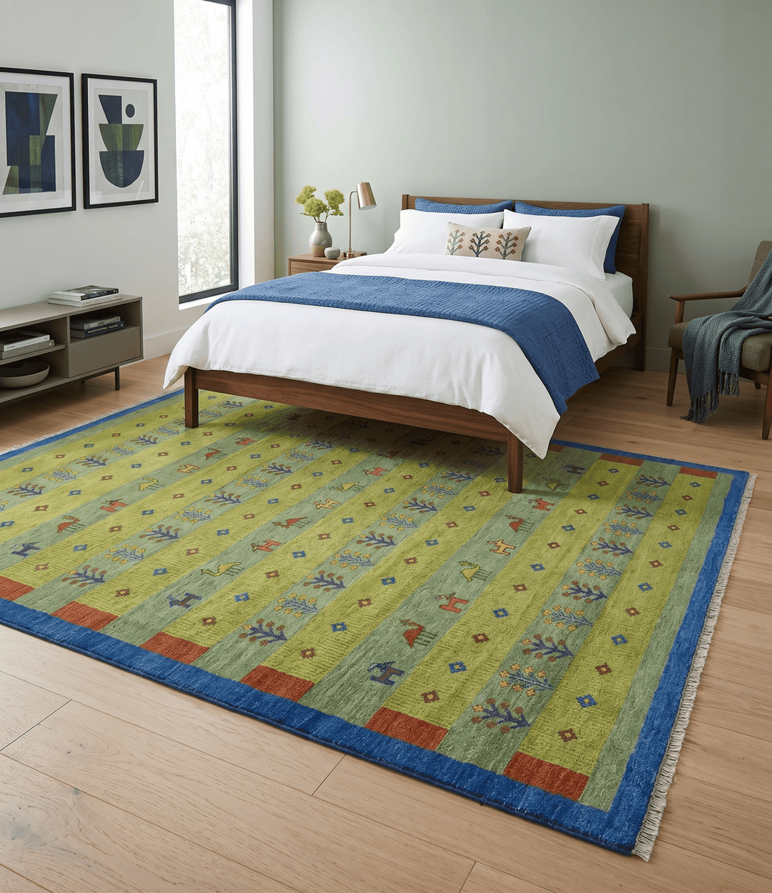 Animal and Tree Life Green, Blue and Rust Hand knotted Traditional Multi Size Wool Area Rug, Kids, Living Room and Bedroom Rug - The Rug Decor