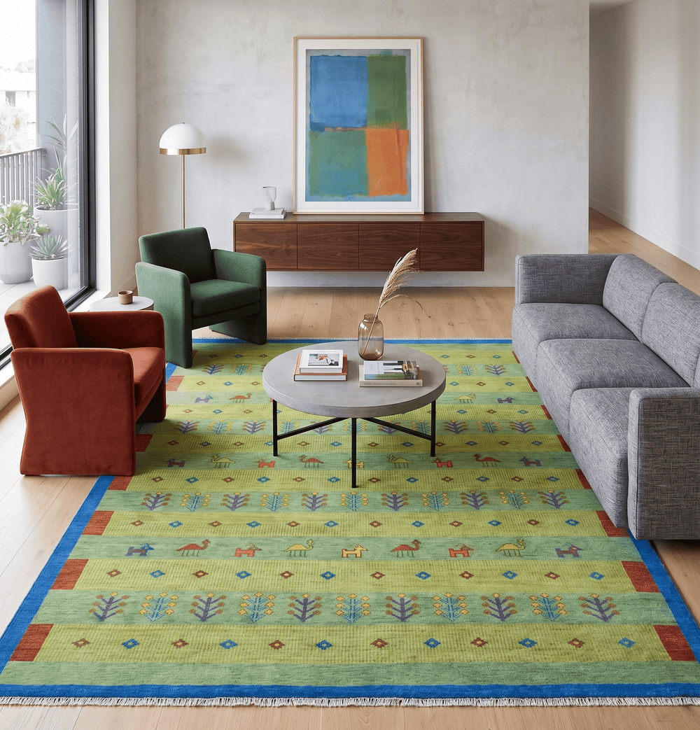 Animal and Tree Life Green, Blue and Rust Hand knotted Traditional Multi Size Wool Area Rug, Kids, Living Room and Bedroom Rug - The Rug Decor