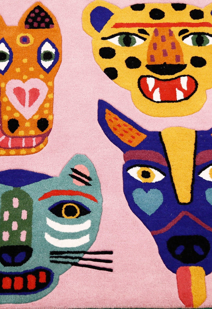 Animal Tribal Critter Pink Hand Tufted 4x4 Wool Area Rug - The Rug Decor