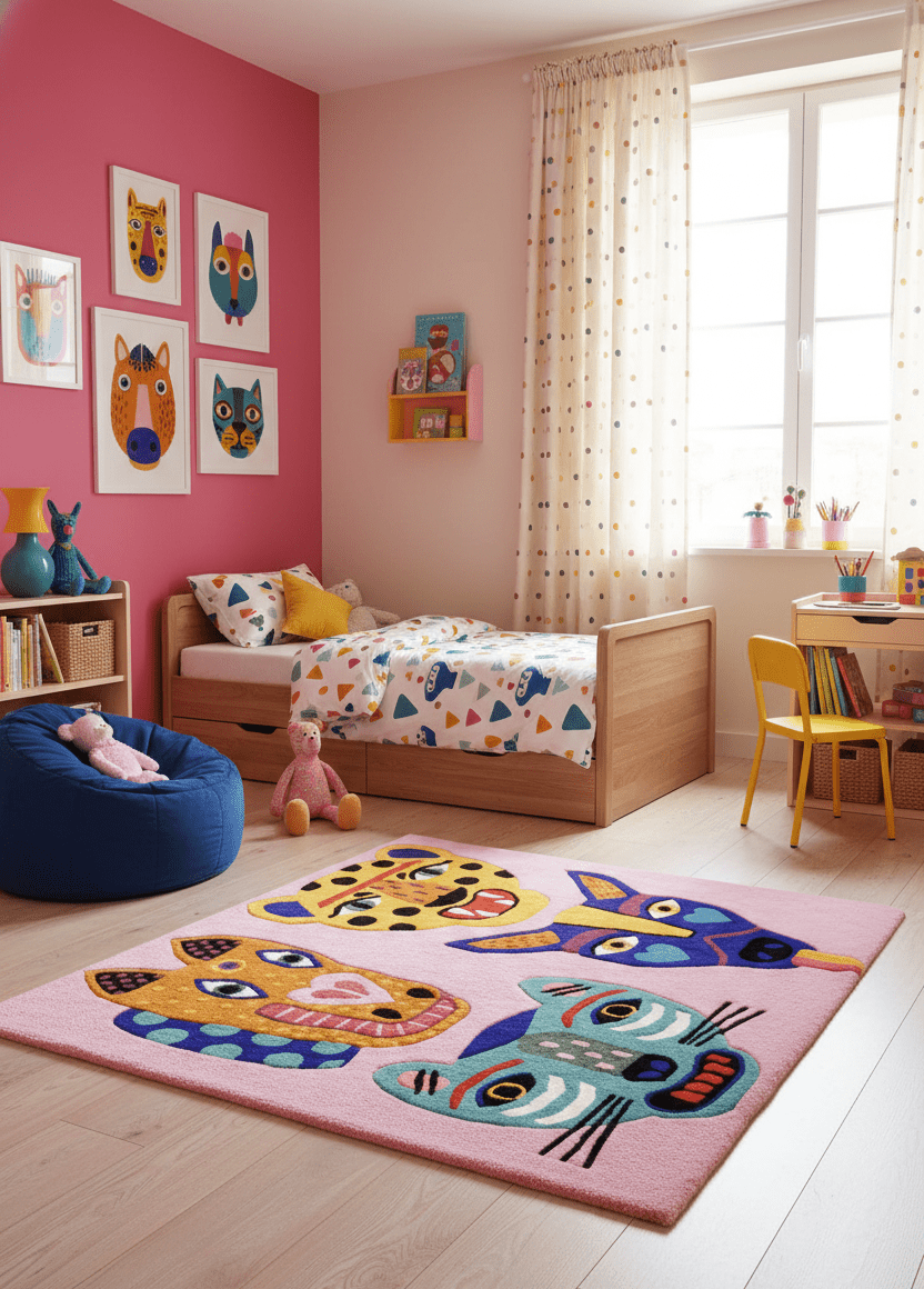 Animal Tribal Critter Pink Hand Tufted 4x4 Wool Area Rug - The Rug Decor