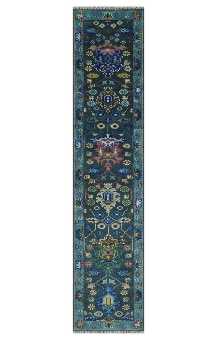 Custom Made Runner Charcoal, Green And Blue Turkish Design Hand Knotted Wool Rug