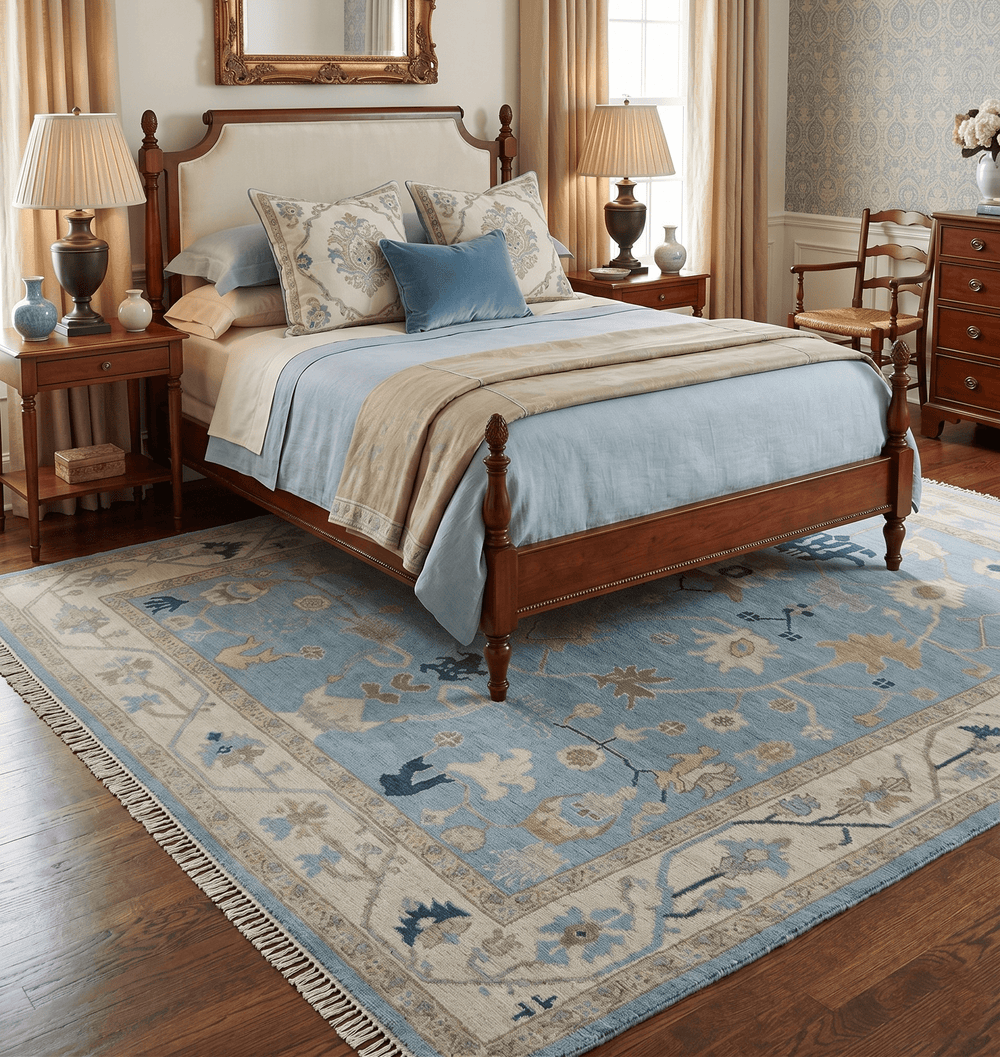 Antique Blue, Ivory and Beige Traditional Oushak Hand Knotted Wool Rug - The Rug Decor