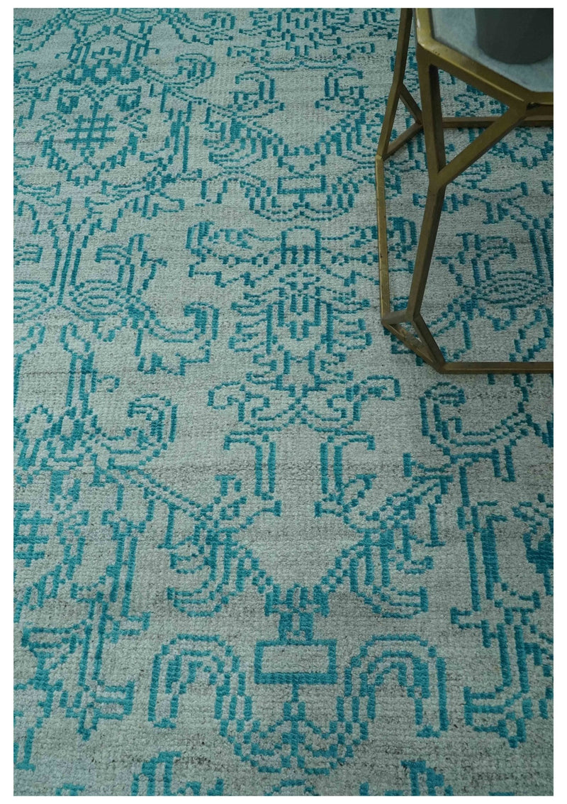 Antique design 6.5x10 Silver and Blue Traditional Hand Knotted wool Area Rug - The Rug Decor