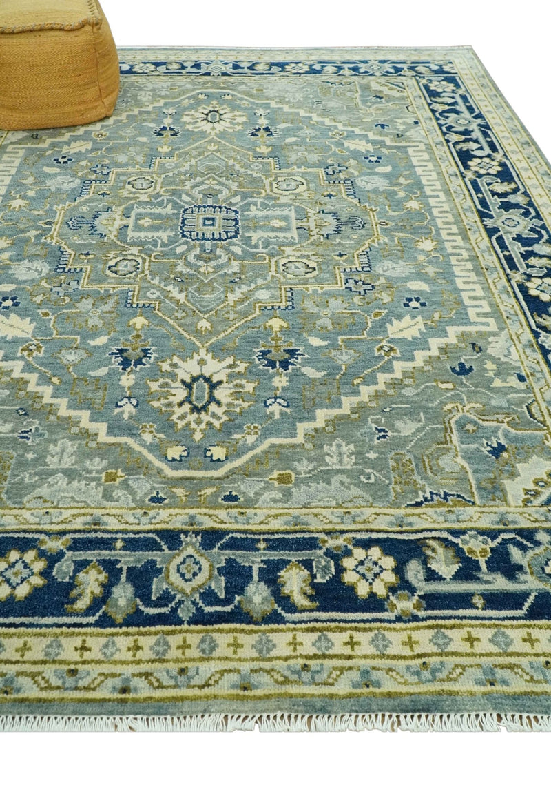 Antique design Gray, Olive and Blue Traditional Hand Knotted Custom Made wool Rug - The Rug Decor