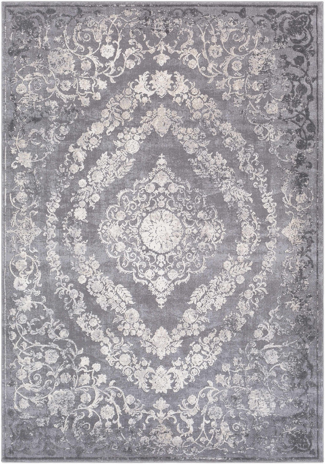 Antique Design Gray, Silver and Ivory Carved Texture Medallion Multi Size Rug - The Rug Decor