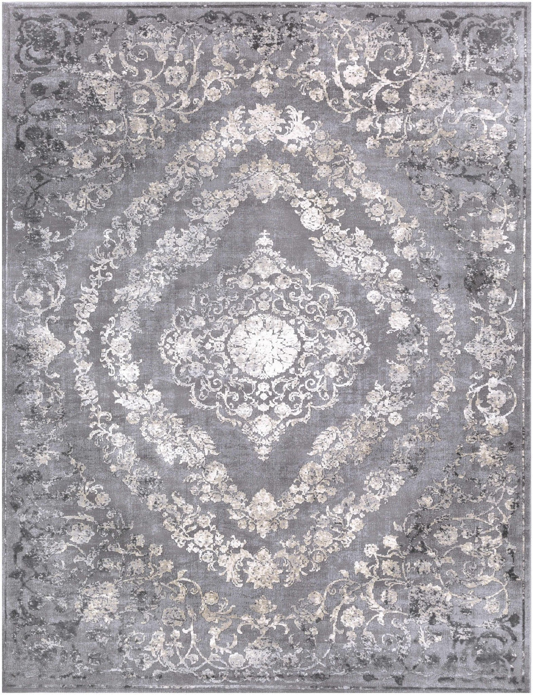 Antique Design Gray, Silver and Ivory Carved Texture Medallion Multi Size Rug - The Rug Decor