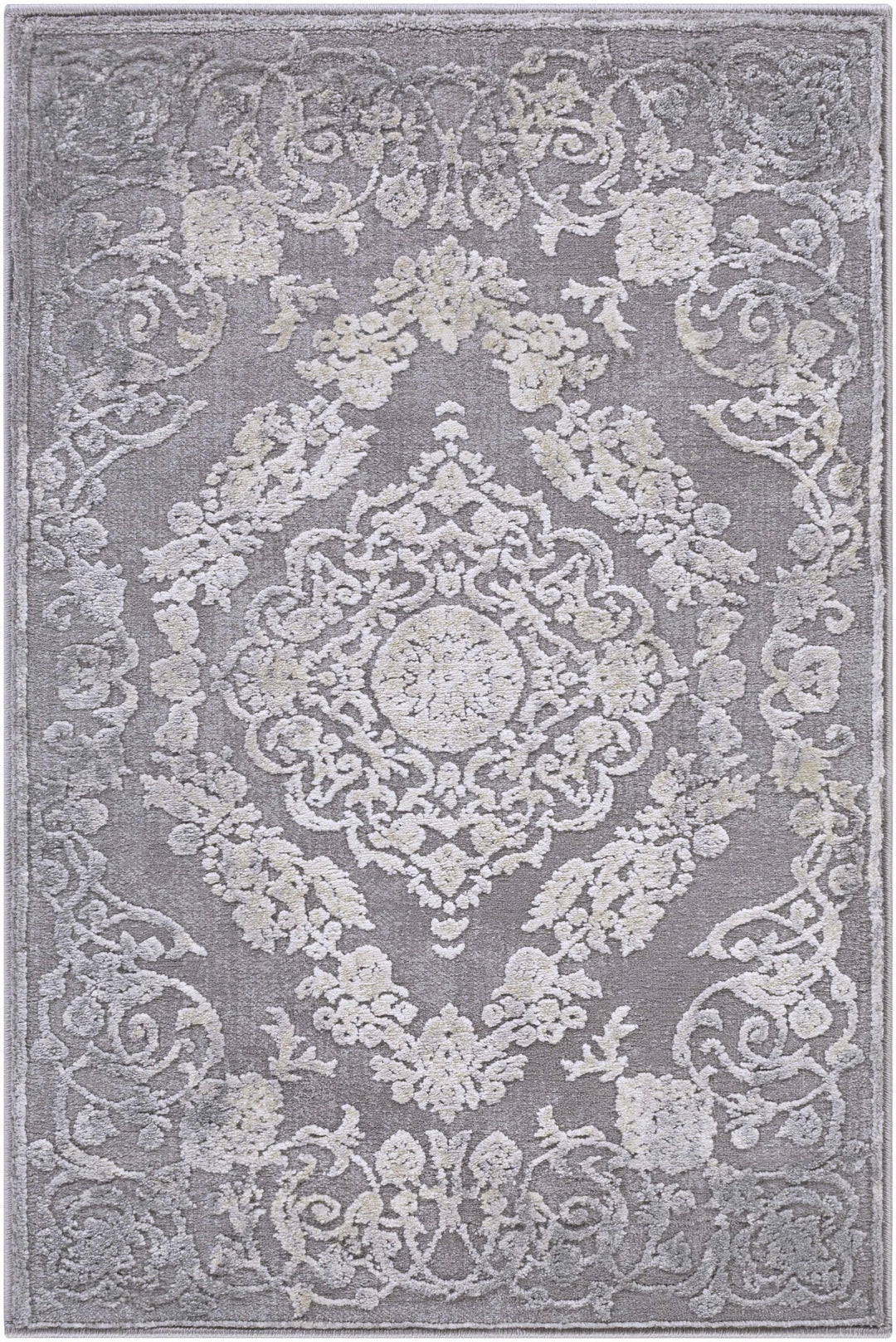 Antique Design Gray, Silver and Ivory Carved Texture Medallion Multi Size Rug - The Rug Decor