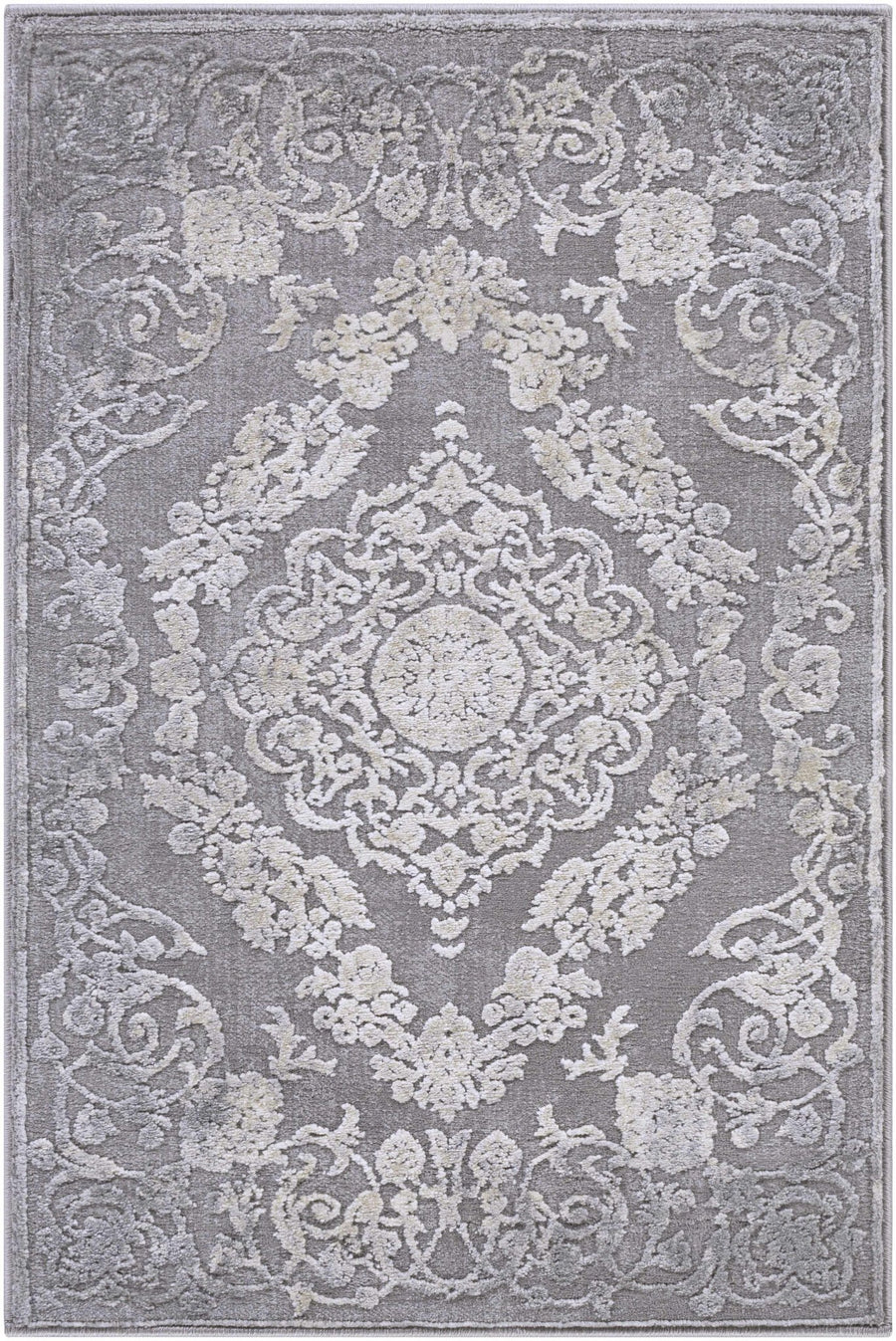 Antique Design Gray, Silver and Ivory Carved Texture Medallion Multi Size Rug - The Rug Decor