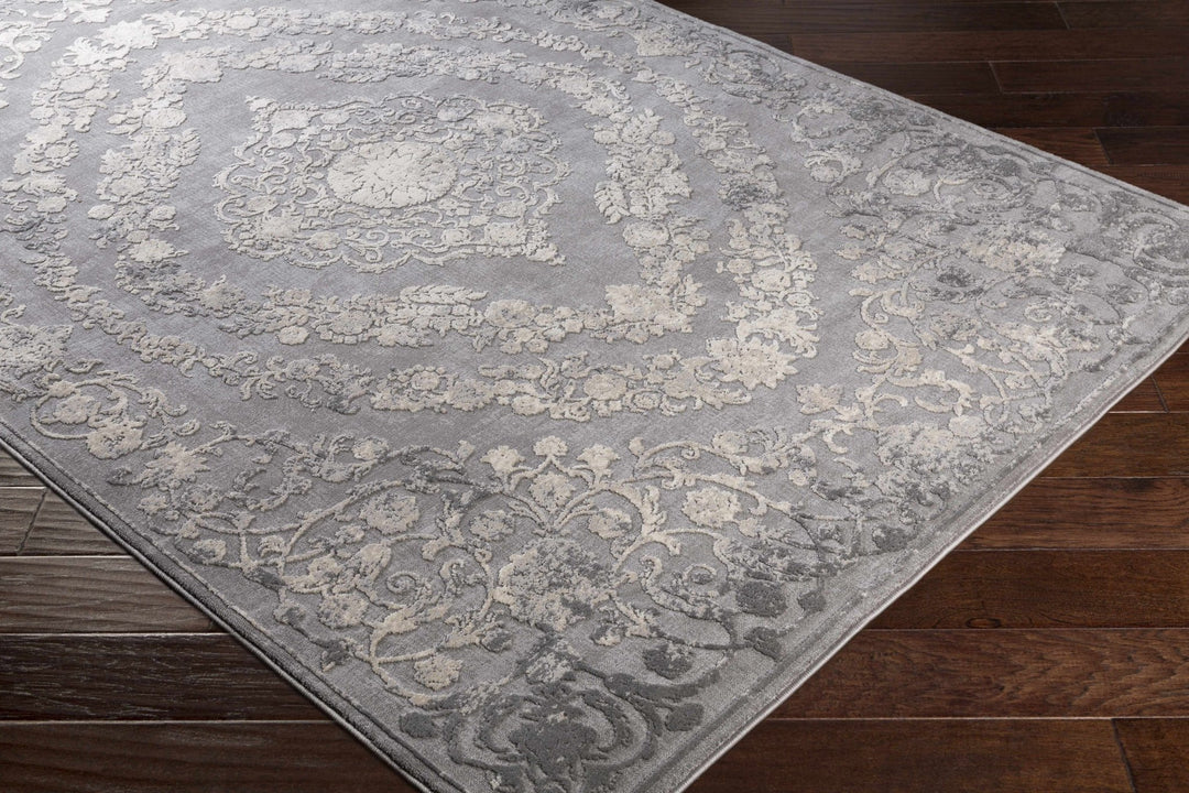Antique Design Gray, Silver and Ivory Carved Texture Medallion Multi Size Rug - The Rug Decor