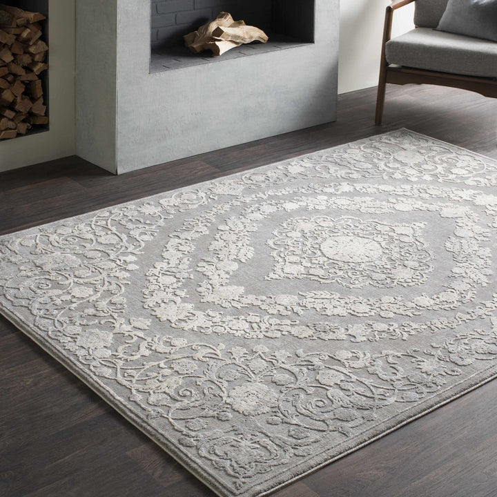 Antique Design Gray, Silver and Ivory Carved Texture Medallion Multi Size Rug - The Rug Decor