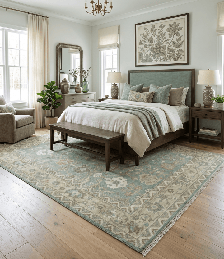Antique design Green and Beige Traditional Oriental Oushak Custom Made wool area rug - The Rug Decor