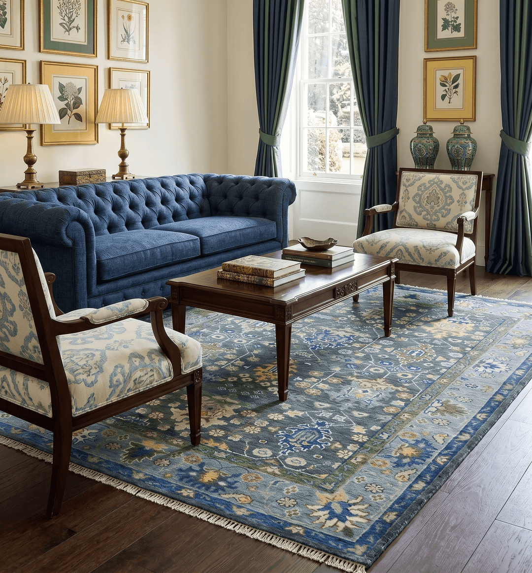 Antique Design Hand Knotted Charcoal, Green Moss and Blue Oushak Custom Made Rug - The Rug Decor