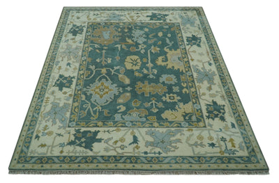 Antique Design Hand Knotted Teal and Ivory Oushak Multi Size wool area rug - The Rug Decor