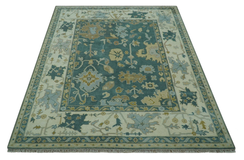 Antique Design Hand Knotted Teal and Ivory Oushak Multi Size wool area rug - The Rug Decor