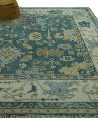 Antique Design Hand Knotted Teal and Ivory Oushak Multi Size wool area rug - The Rug Decor