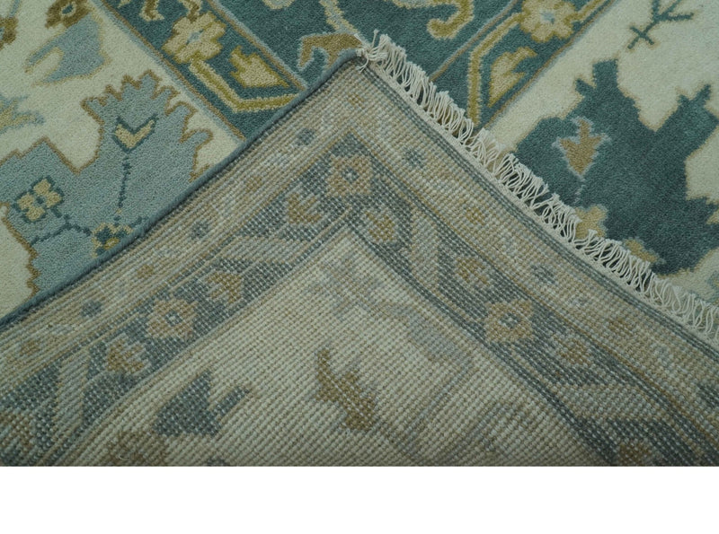 Antique Design Hand Knotted Teal and Ivory Oushak Multi Size wool area rug - The Rug Decor