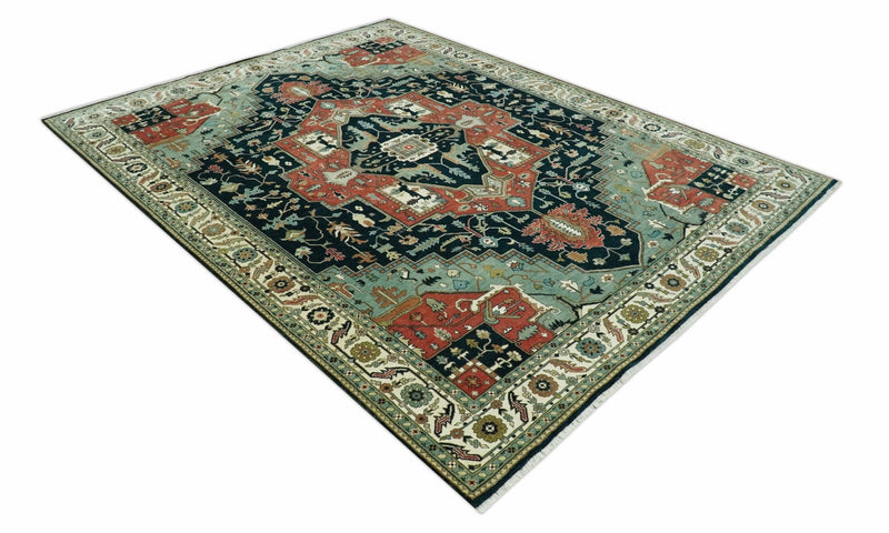 Antique Design Rust, Teal and Green Fine Hand knotted Traditional Heriz 9x12 wool area rug - The Rug Decor